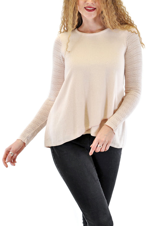 LONG SLEEVE CREW UNEVEN FRONT WITH LACE SLEEVES