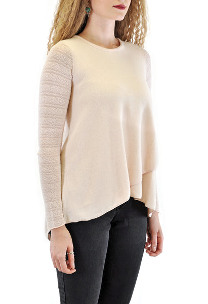 LONG SLEEVE CREW UNEVEN FRONT WITH LACE SLEEVES