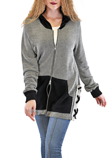 LONG ZIP UP JACKET HOODIE WITH SIDE POCKETS