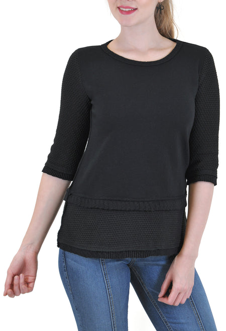 LONG SLEEVE CREW NECK SWEATER LACE TRIMMED