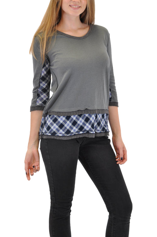 3/4 SLEEVE CREW NECK TOP WITH PLAID SLEEVE INSERT