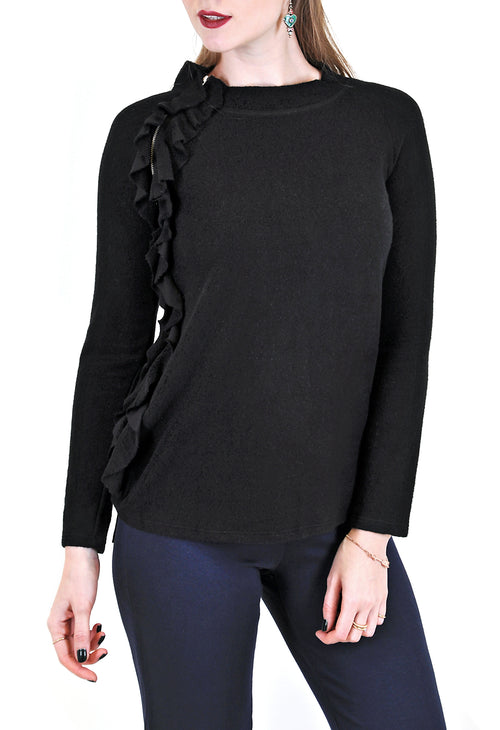 LONG SLEEVE CREW WITH SIDE RUFFLES AND ZIPPER