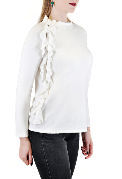 LONG SLEEVE CREW WITH SIDE RUFFLES AND ZIPPER