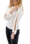 SLEEVE SLIT TOP CREW NECK WITH BOW