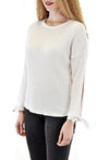 SLEEVE SLIT TOP CREW NECK WITH BOW