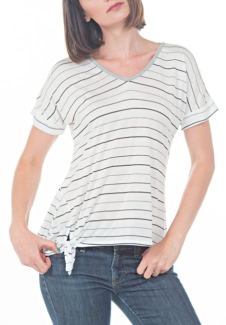 V NECK 3/4 BELL SLEEVE  WITH STRIPE ACCENT