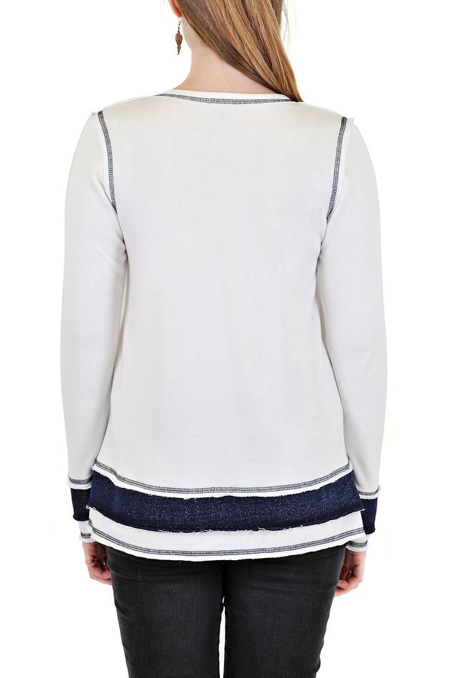 LONG SLEEVE CREW WITH CONTRAST STITCH AND LAYERED DESIGN BOTTOM