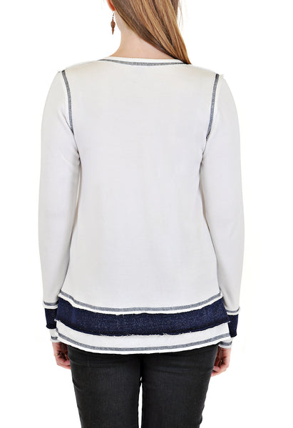 LONG SLEEVE CREW WITH CONTRAST STITCH AND LAYERED DESIGN BOTTOM