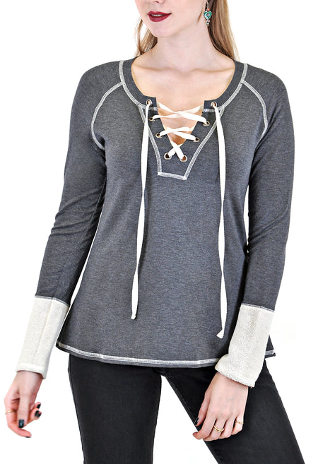 LONG SLEEVE CREW WITH CONTRAST STITCH AND LAYERED DESIGN BOTTOM