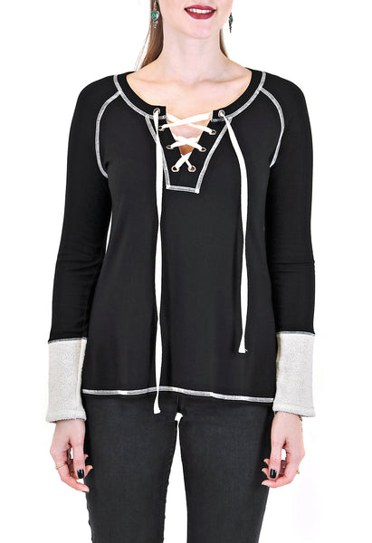 LONG SLEEVE CREW WITH LACE-UP TIE FRONT