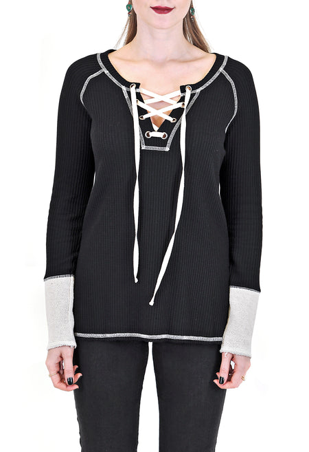 LONG SLEEVE CREW WITH LACE-UP TIE FRONT